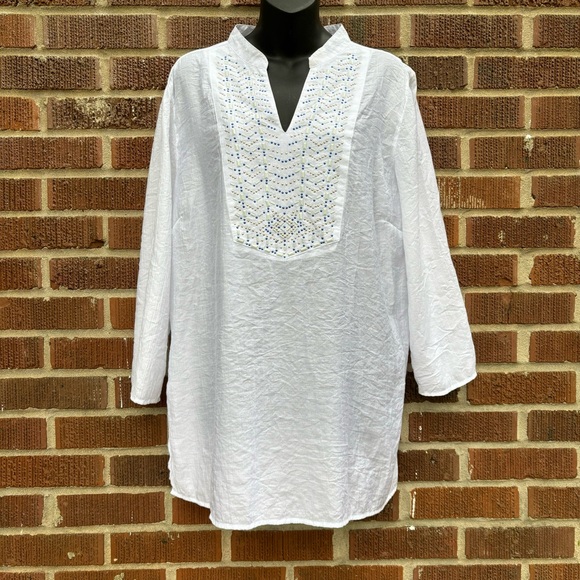 grand & greene Tops - Grand & Greene white embellished boho long sleeve sheer blouse Size XL
